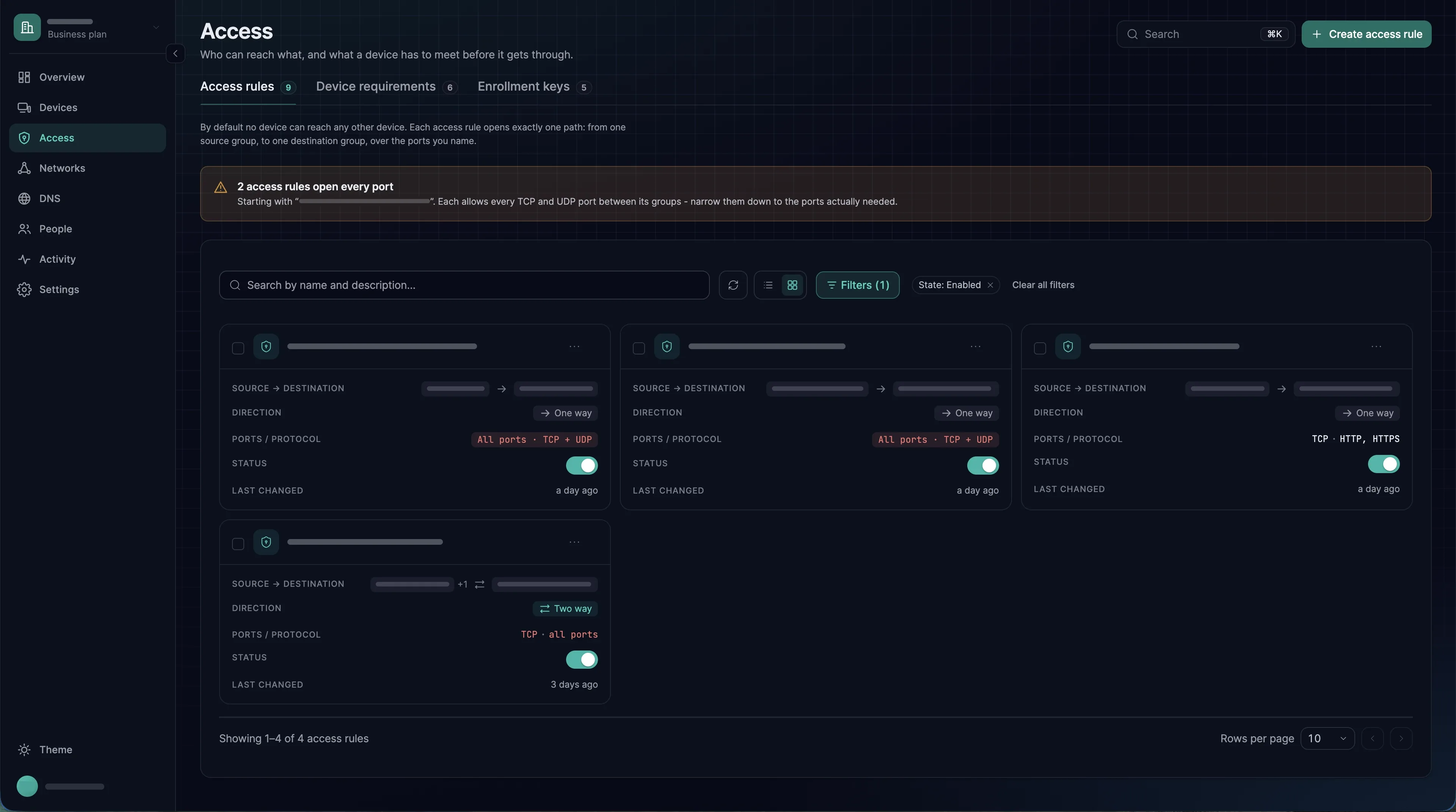 The Access page, listing access rules with the source and destination groups each one connects.