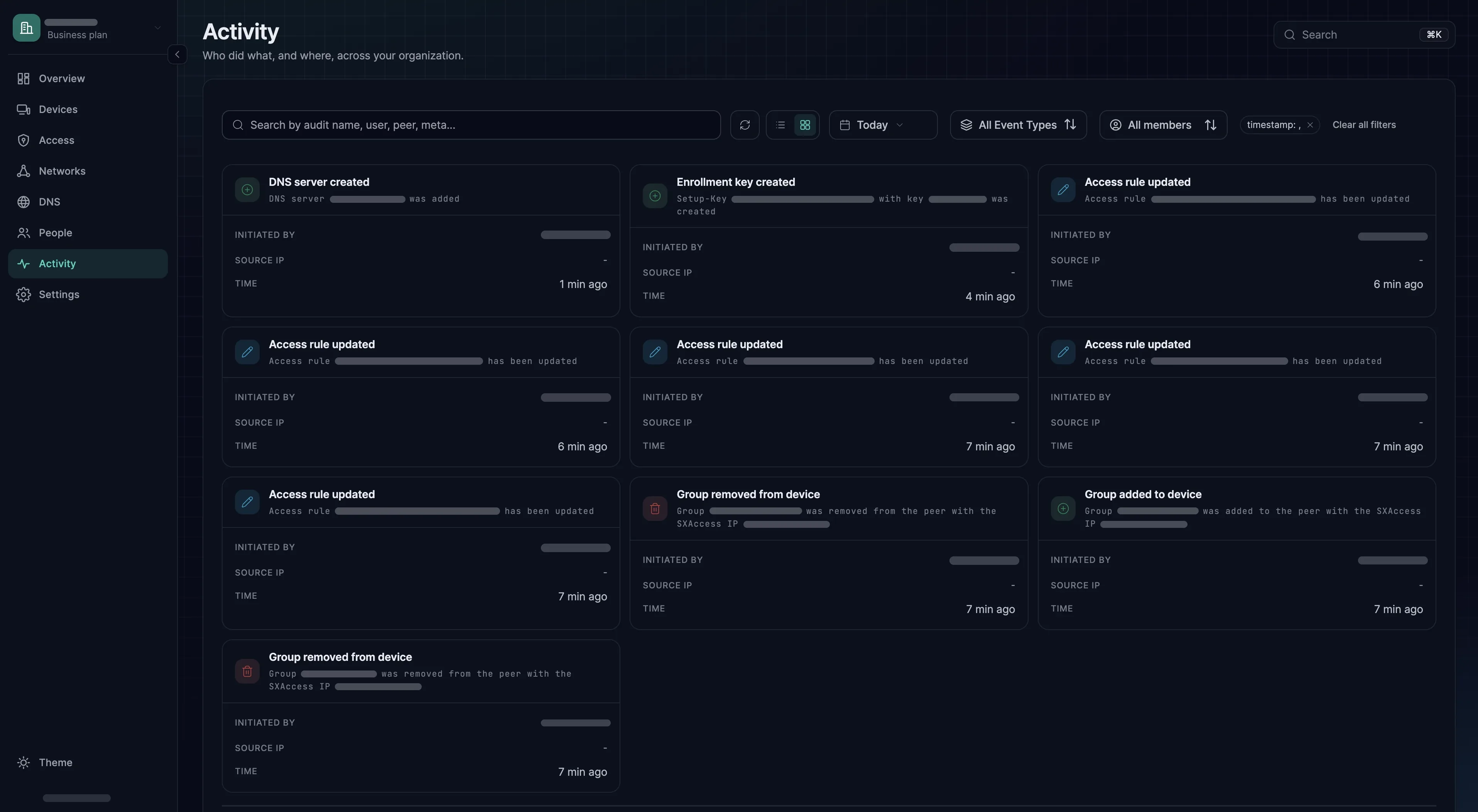 The Activity page with a search box, a date range, and event type and member filters above the entries.