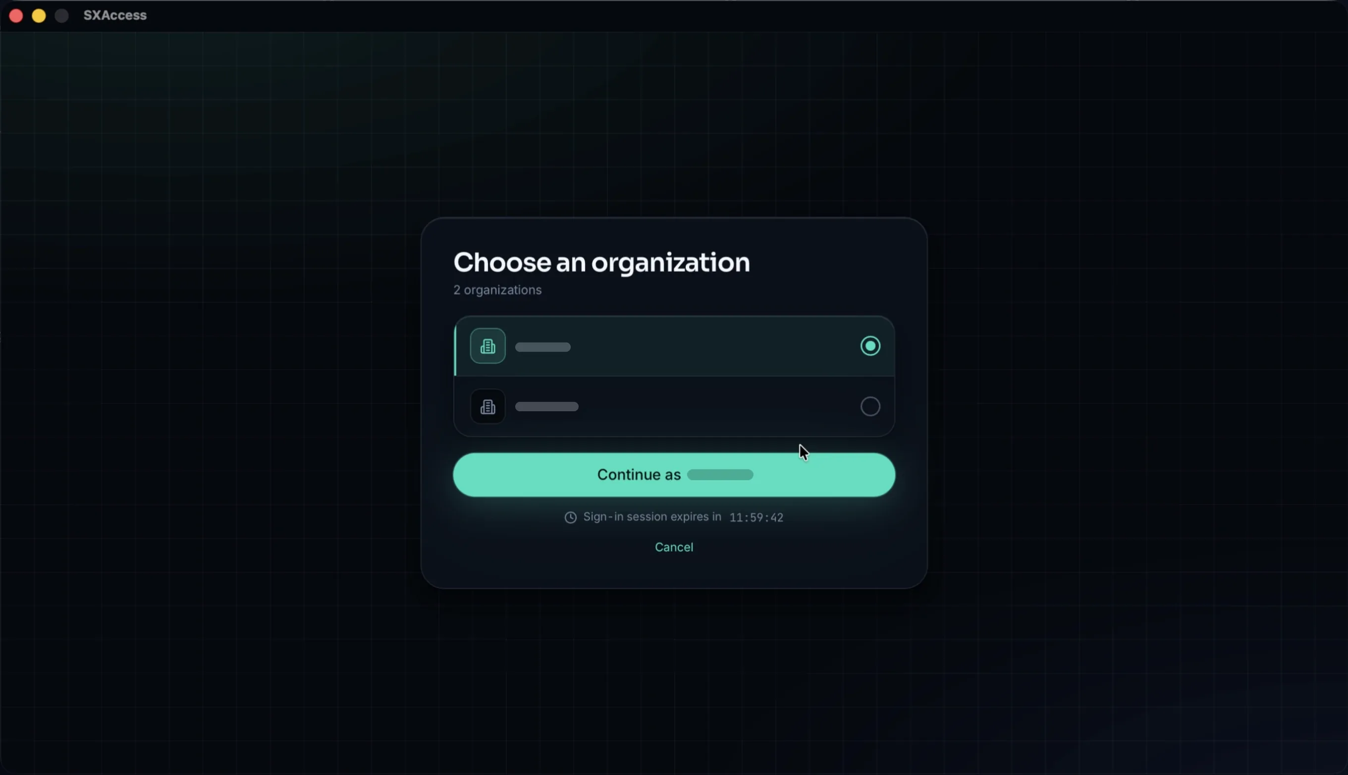 The Choose an organization screen listing two organizations, a Continue as button for the selected one and the time left in the sign-in session.