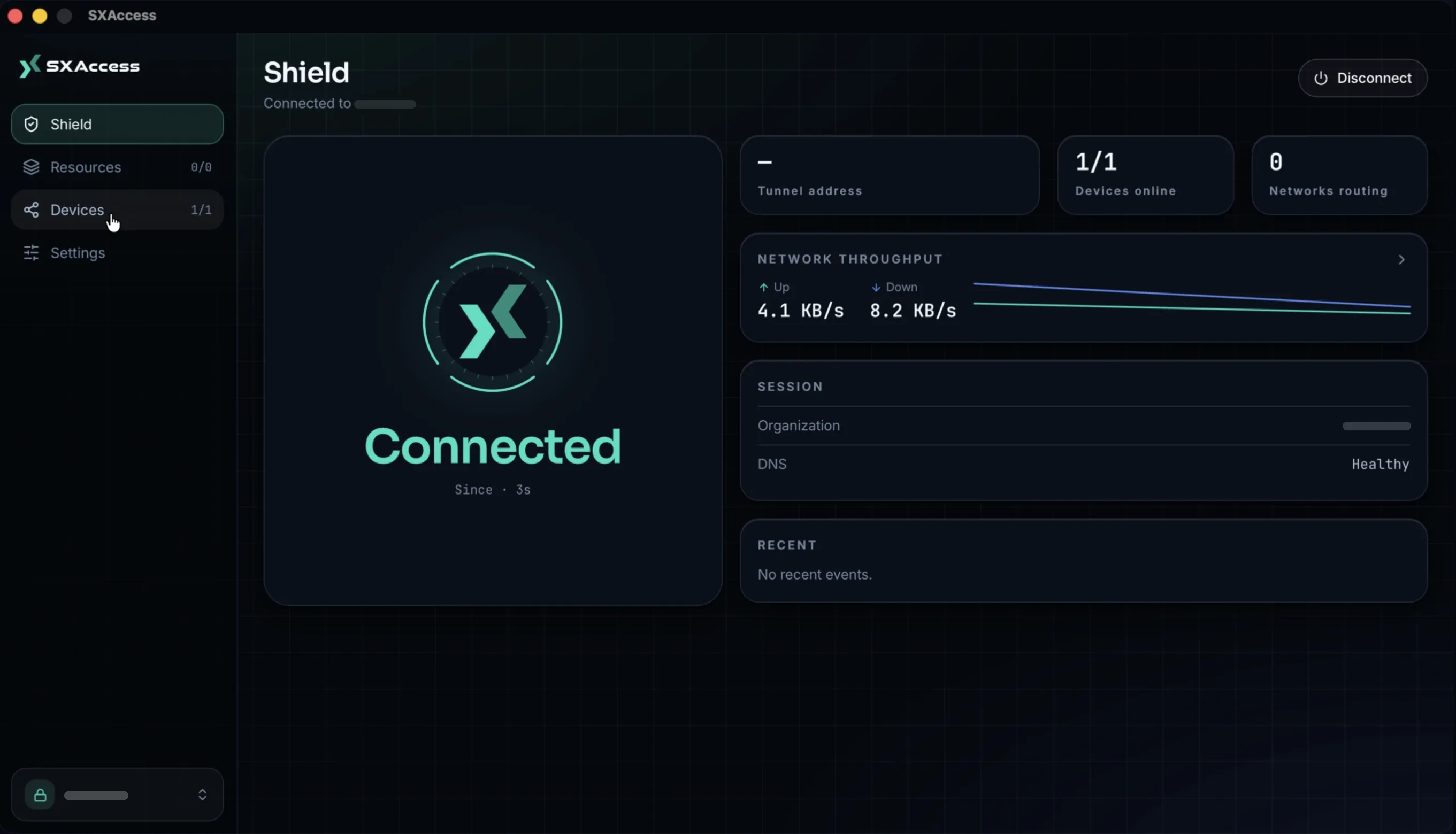 The Shield page showing Connected, throughput, the session's organization and DNS health.