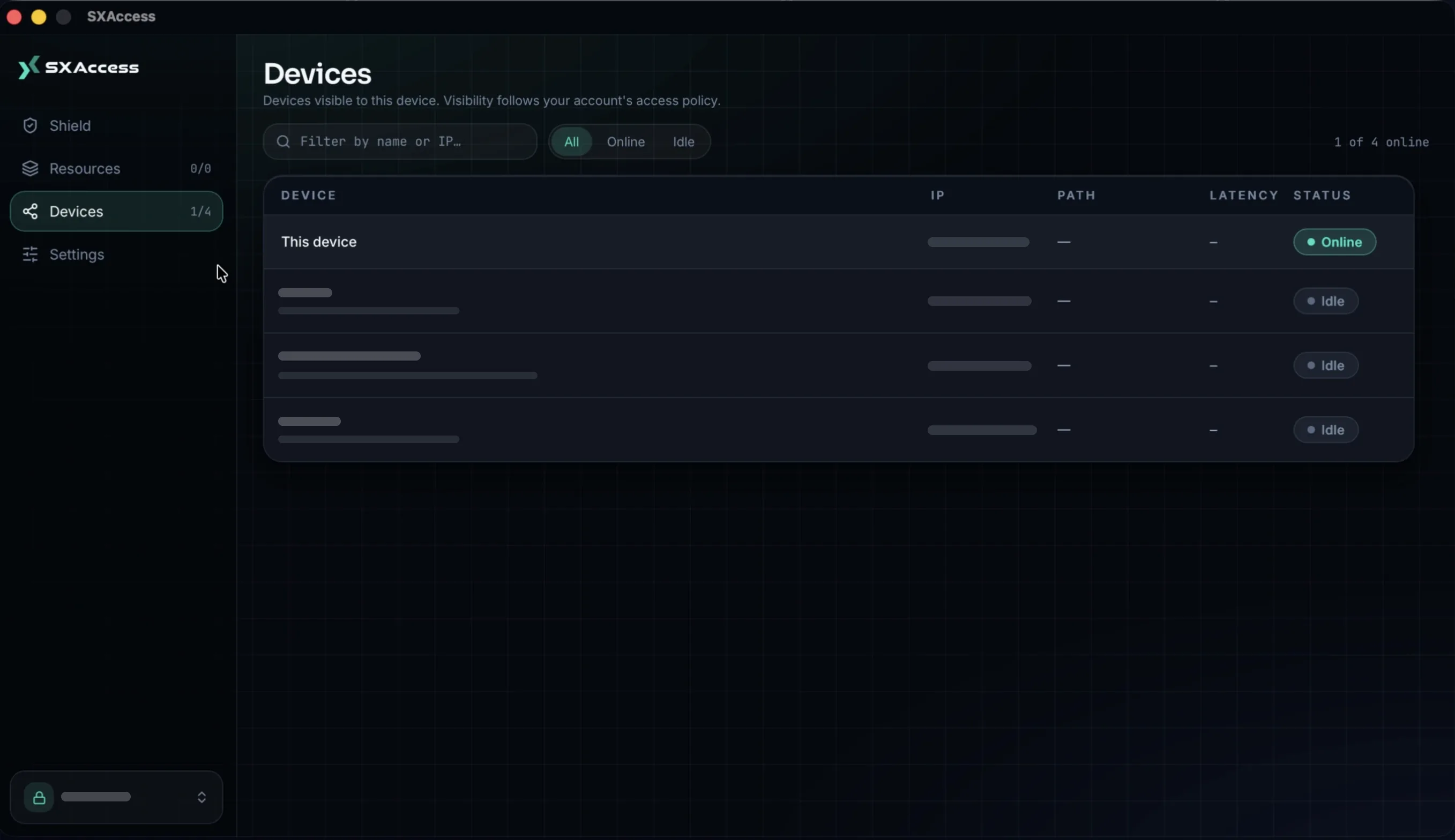 The Devices page in the app, listing four devices with their IP, path, latency and status.