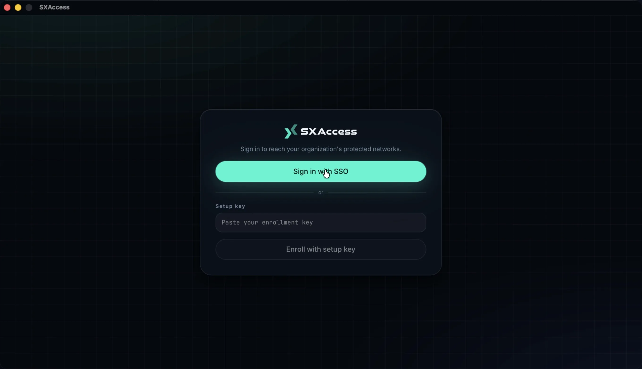 The sign-in screen: a button to sign in with an SXAccess account and, below it, a field and a button to enrol with an enrollment key.
