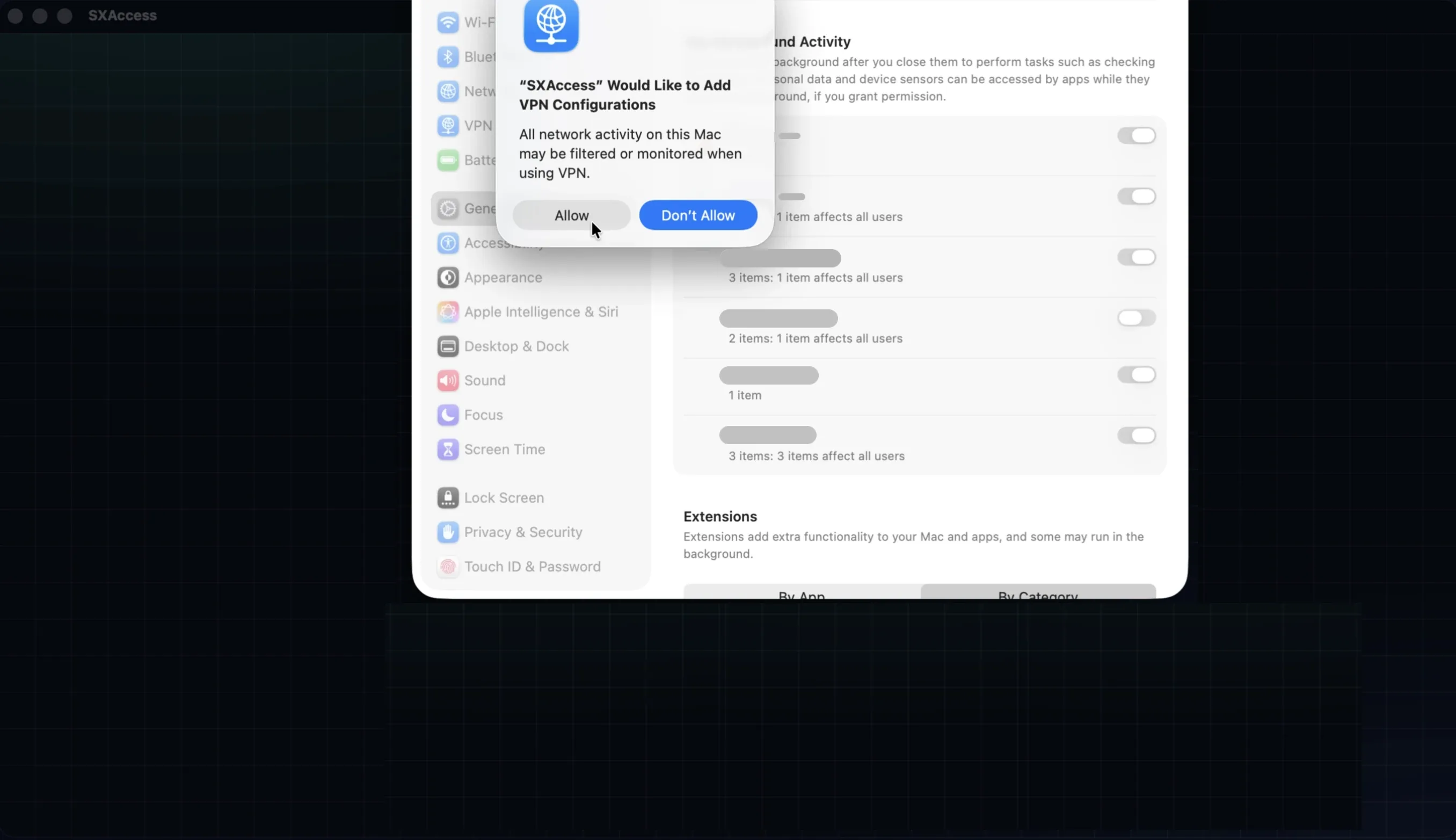 macOS asking whether SXAccess may add VPN configurations, with Allow and Don't Allow.