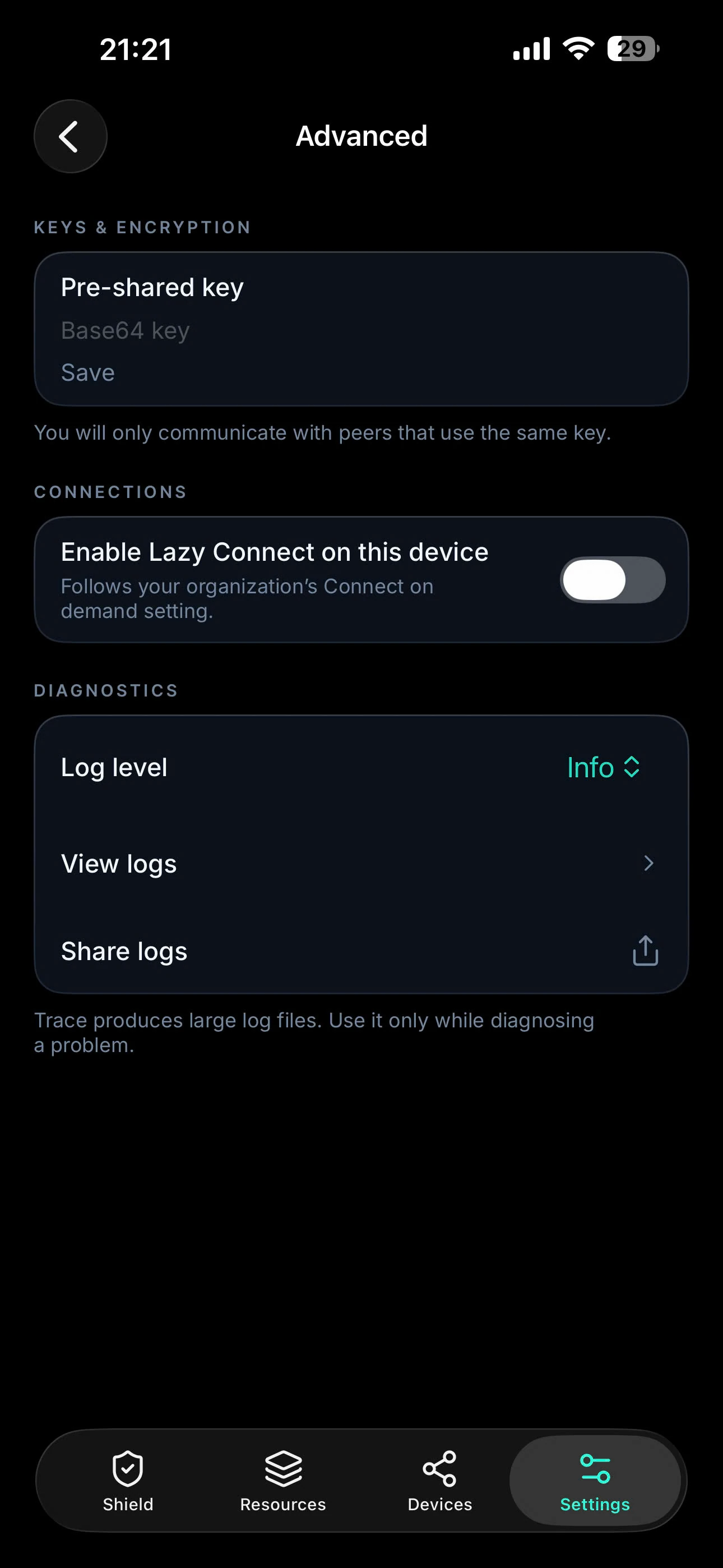 The iOS Advanced screen with a pre-shared key field, a Lazy Connect switch, the log level and the log actions.