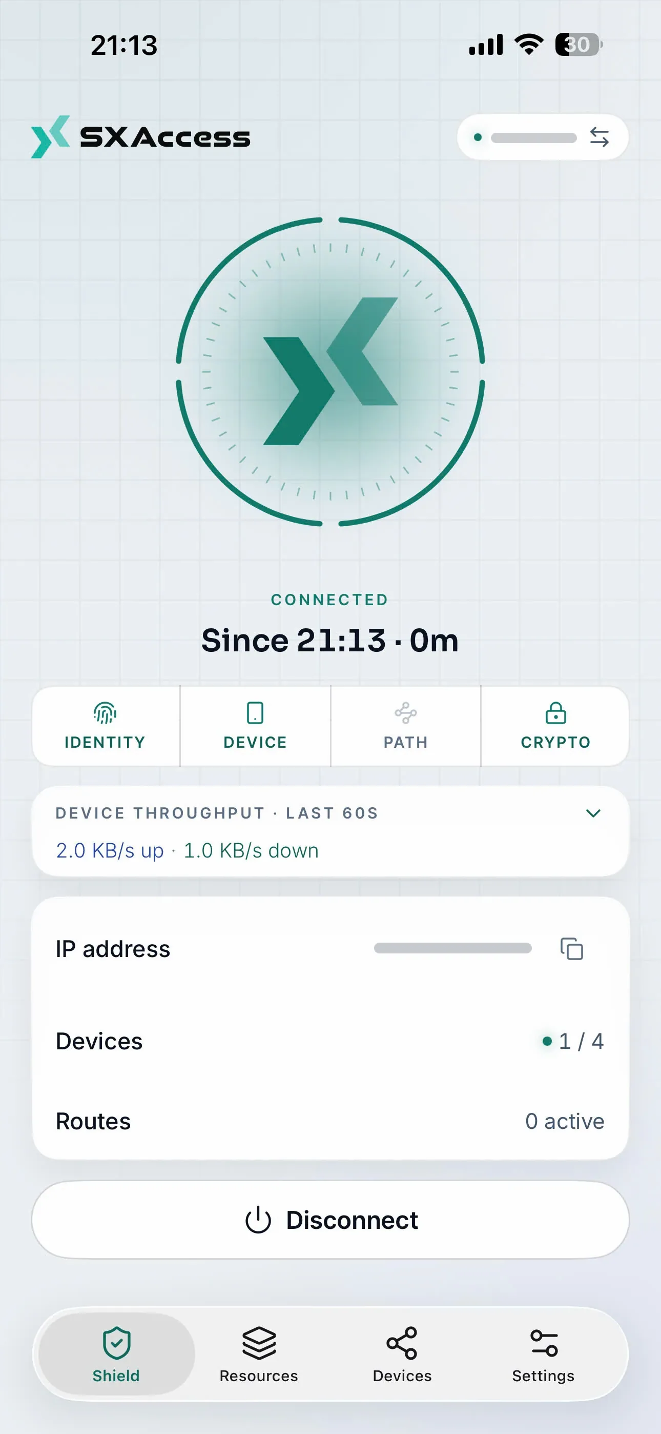 The Shield screen showing Connected, the phone's IP address in the tunnel and how many devices are online.