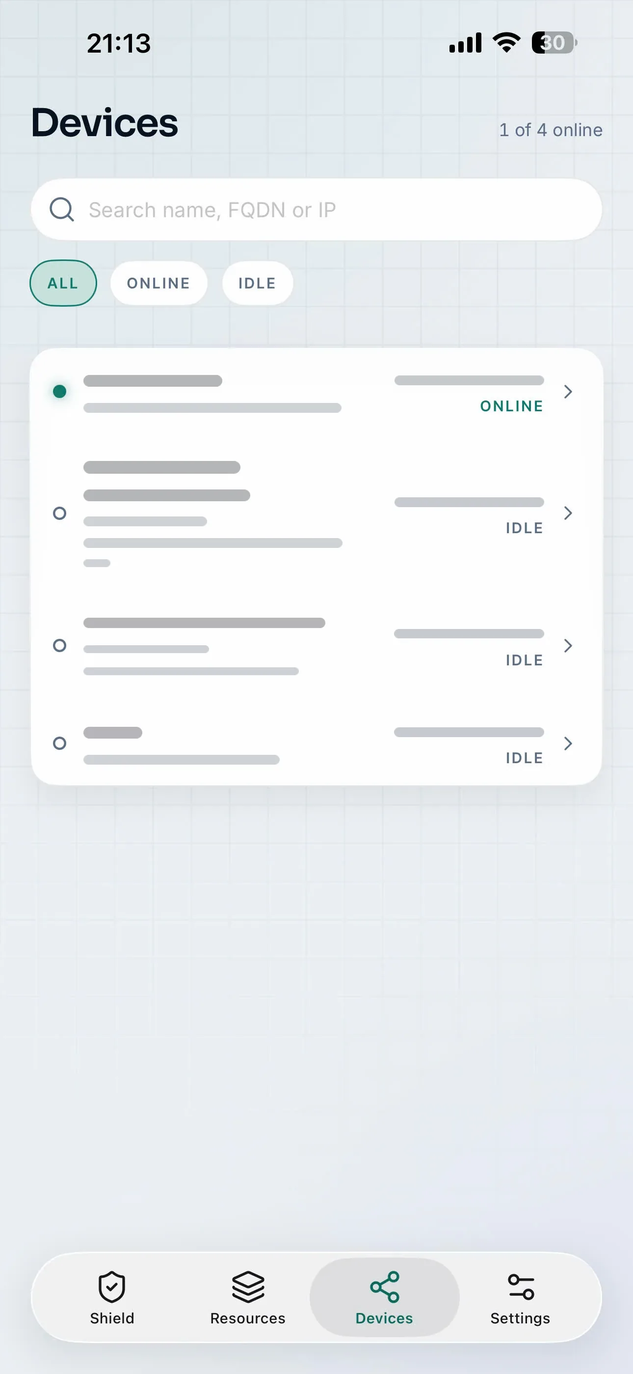 The Devices screen listing four devices with their addresses and online status.