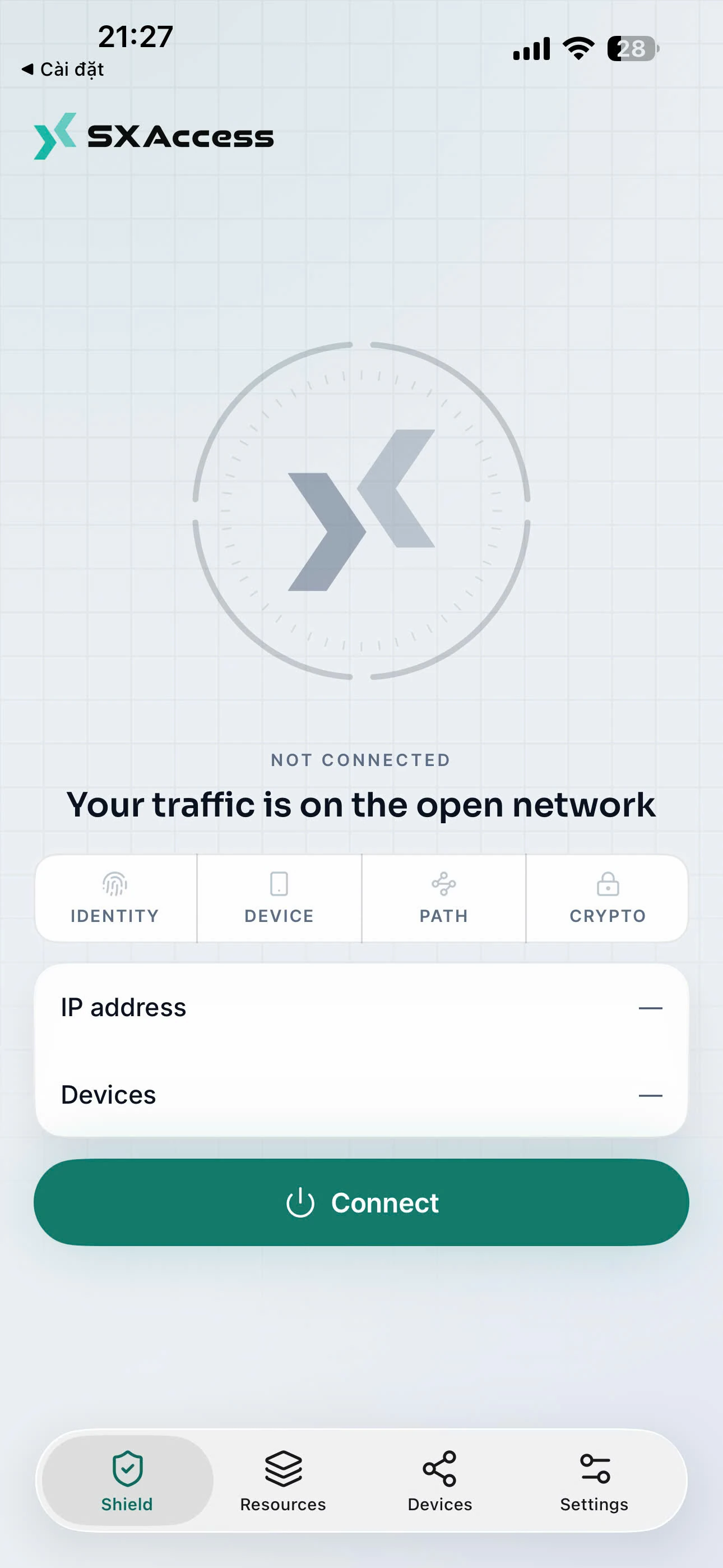 The Shield screen while disconnected, reading Your traffic is on the open network.