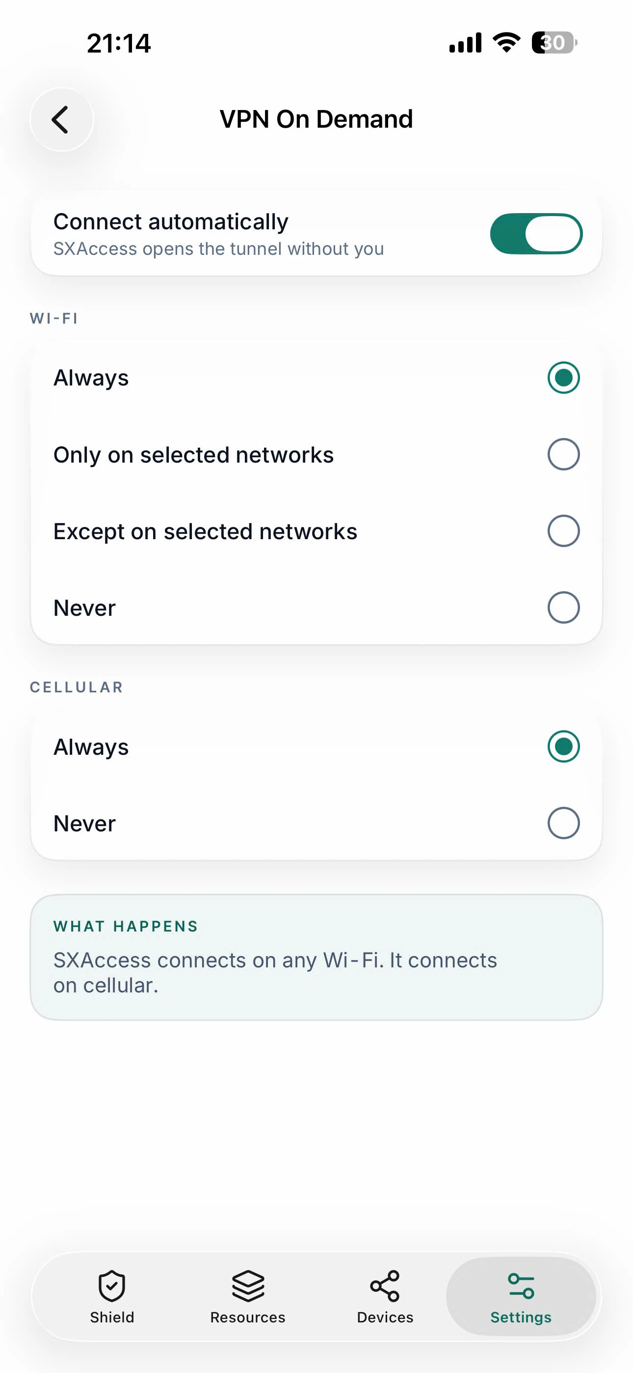 The VPN On Demand screen with Connect automatically on and both network types set to Always.