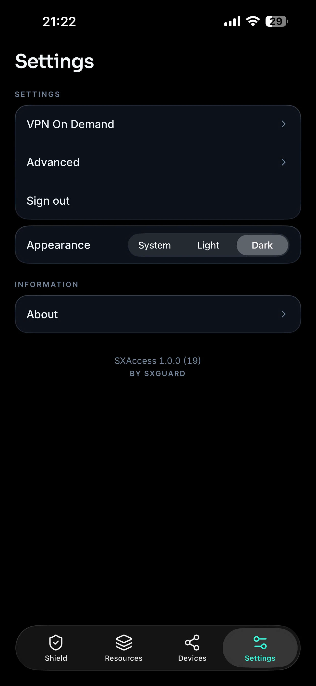 The iOS Settings screen with VPN On Demand, Advanced and an appearance switch.