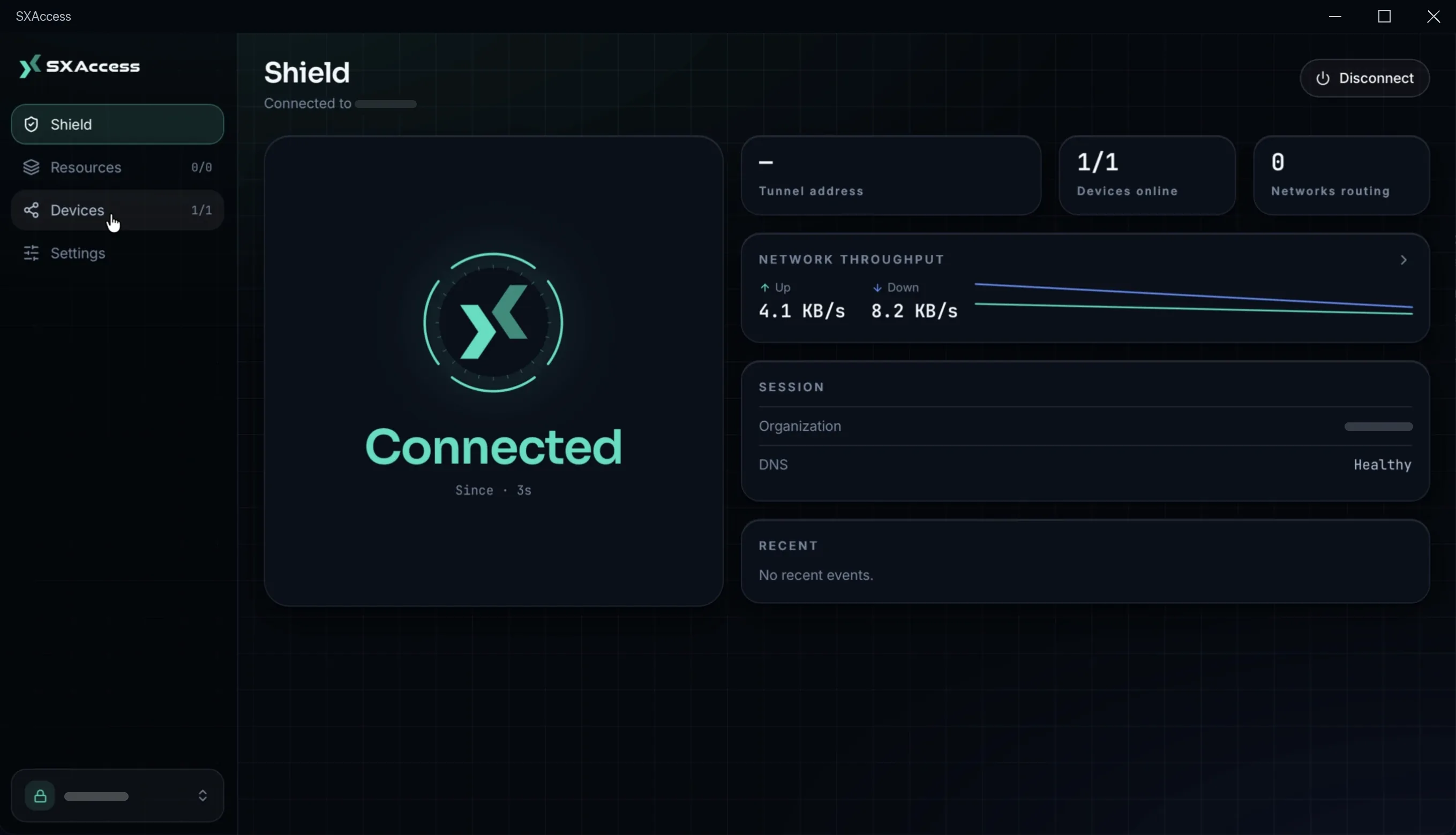 The SXAccess desktop app on its Shield page, connected, with the tunnel address, devices online, networks routing, throughput, and the session's organization and DNS health.