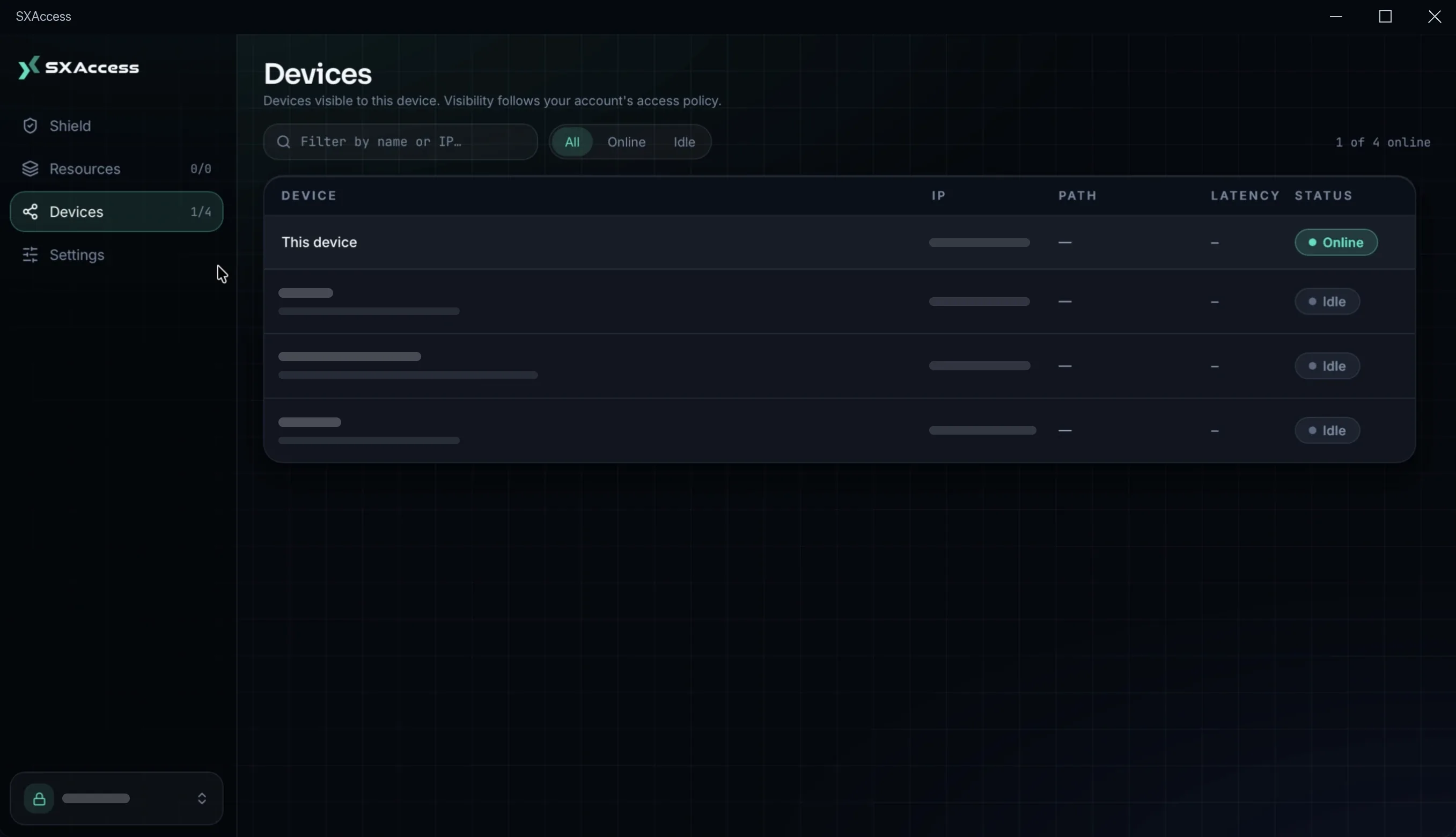 The Devices page of the desktop app, listing four devices with their IP, path, latency and status.