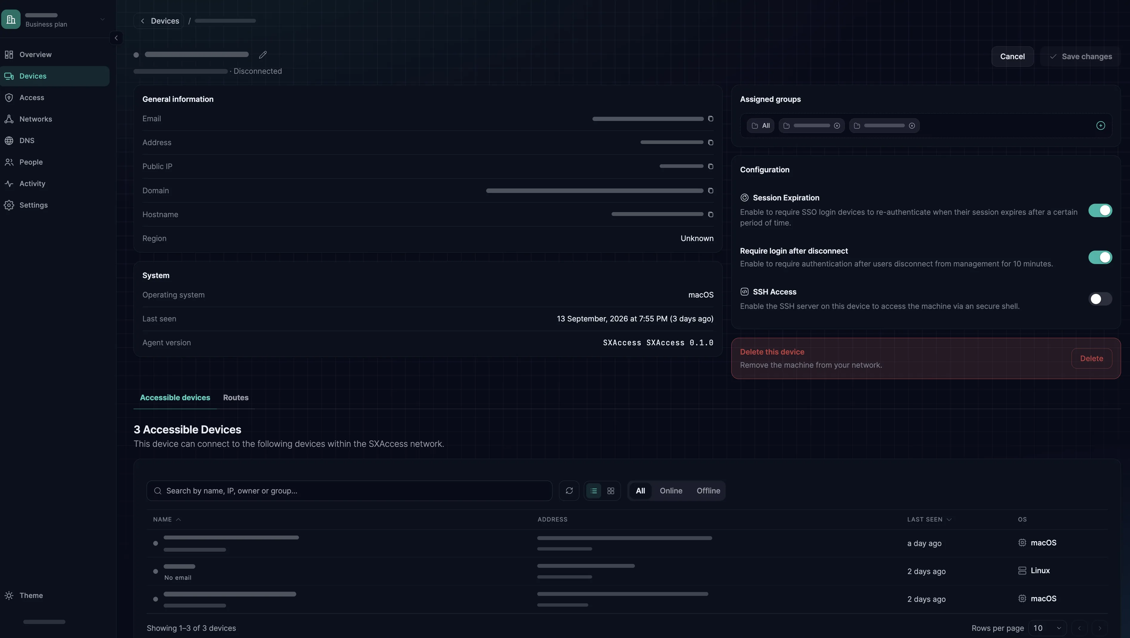 A device's page with its addresses, operating system, assigned groups, session expiry and SSH toggle.