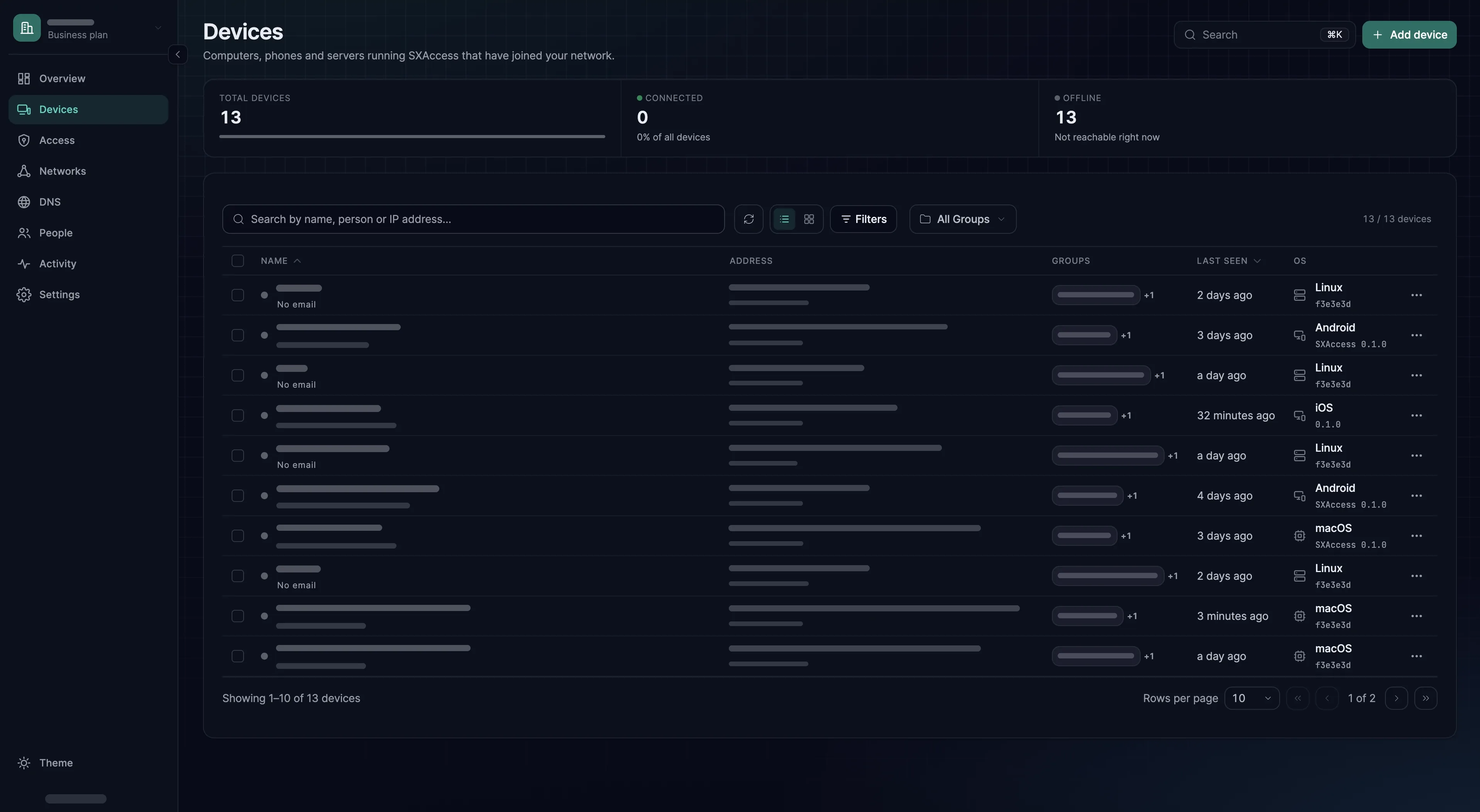 The Devices list in the SXAccess dashboard, showing each device with its overlay address, groups, last-seen time and operating system.