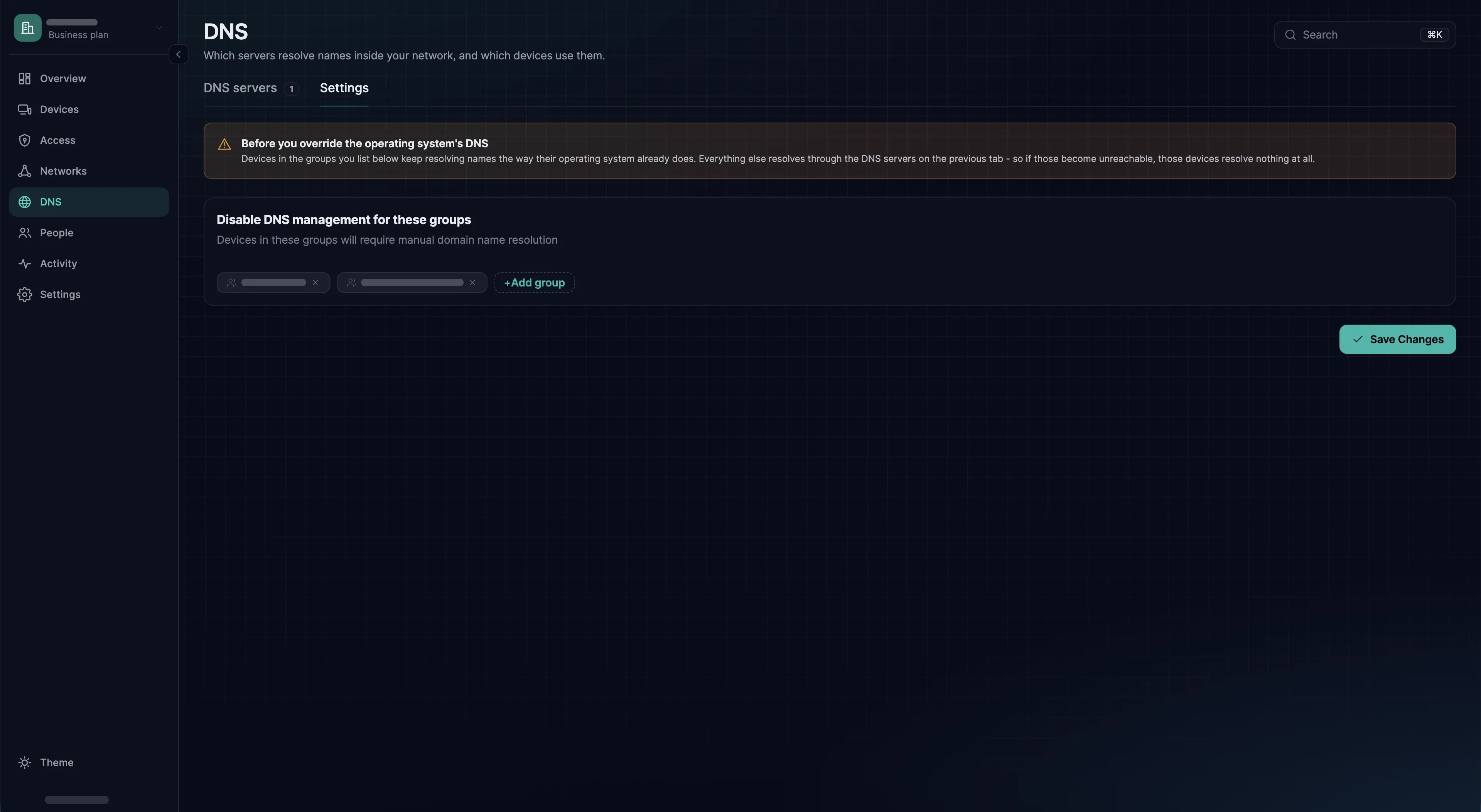 The DNS Settings tab, listing the groups for which SXAccess does not manage DNS.