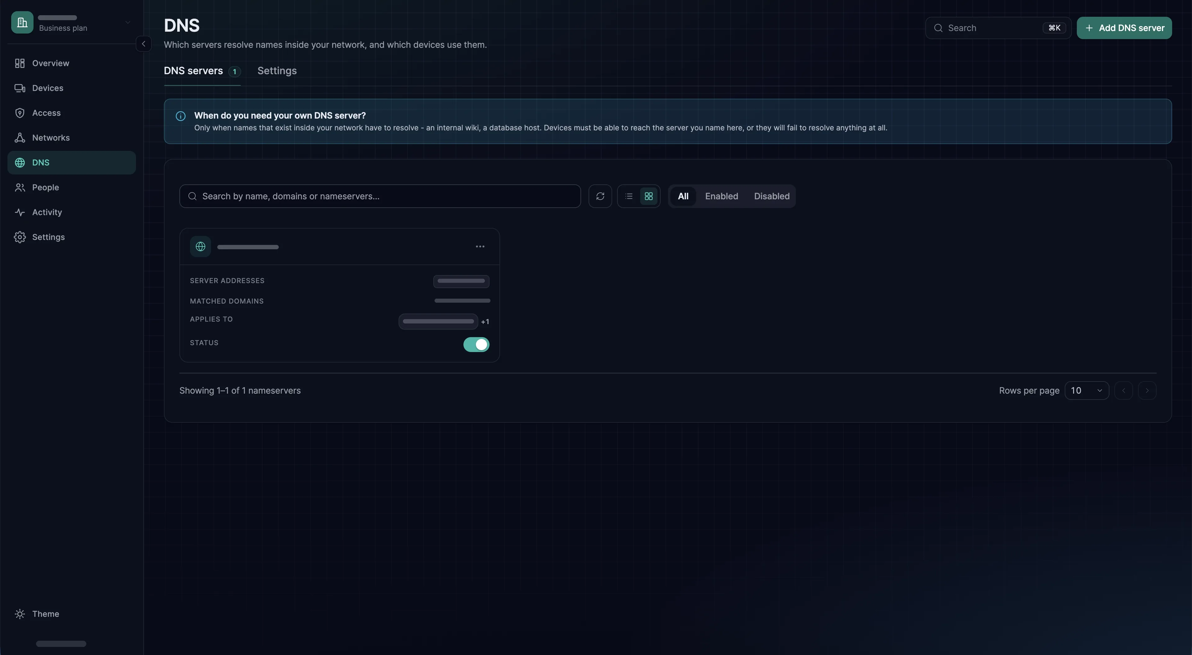 The DNS page, listing the DNS servers that resolve names inside the organization.