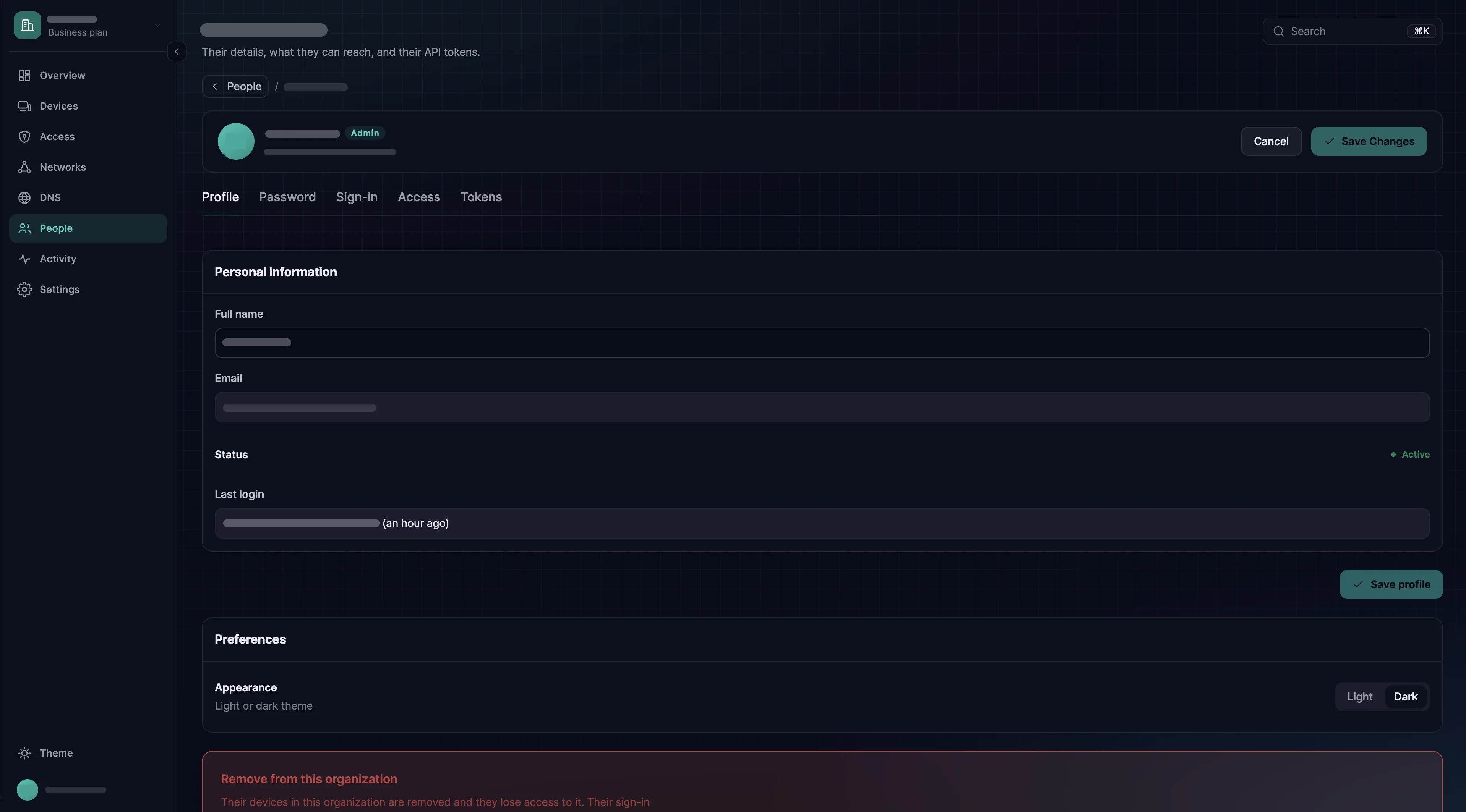 A member's own page on the Profile tab, showing Personal information, the Appearance preference and the Remove from this organization section.