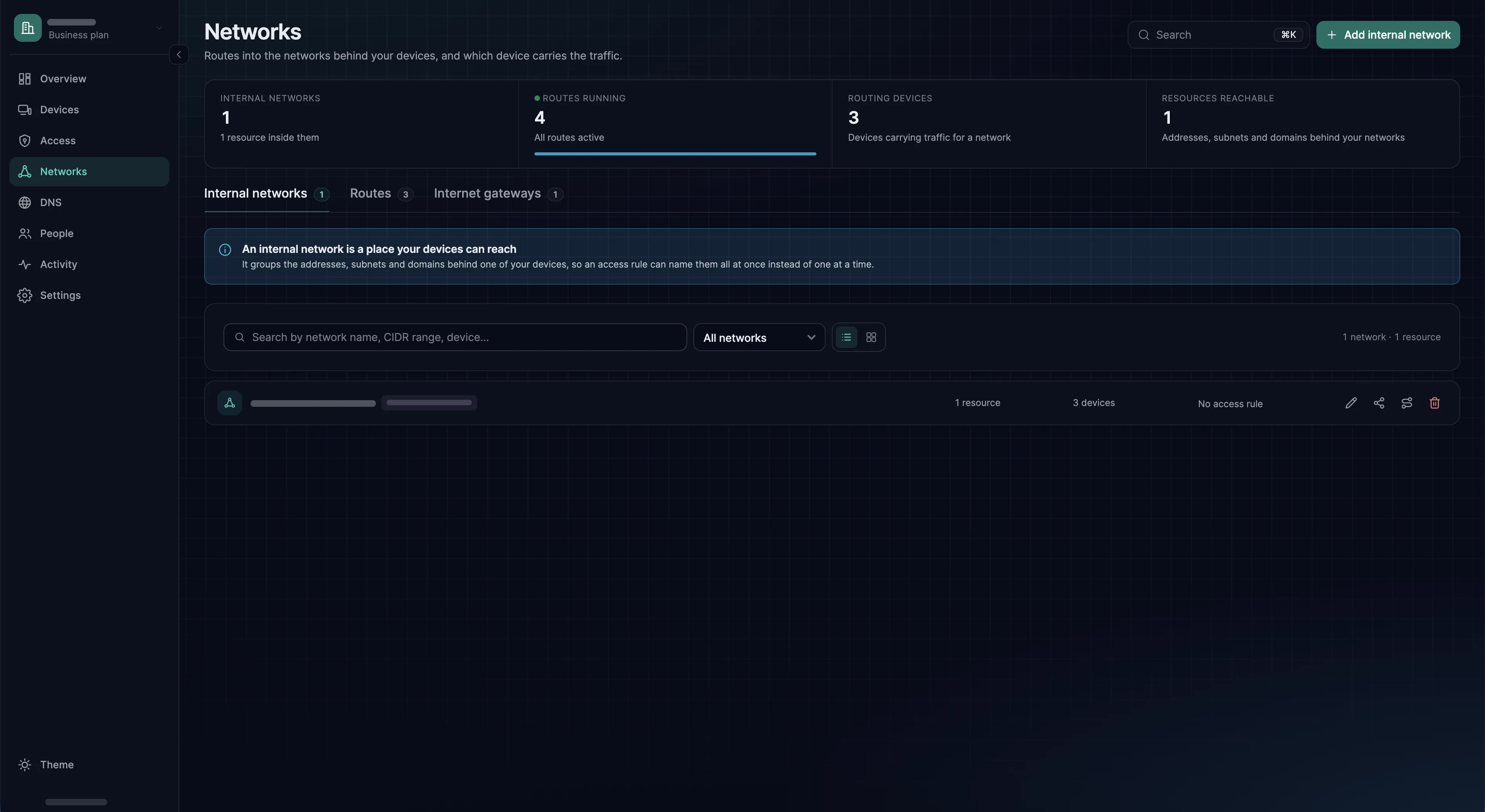 The Networks page with counters for internal networks, running routes, routing devices and reachable resources.