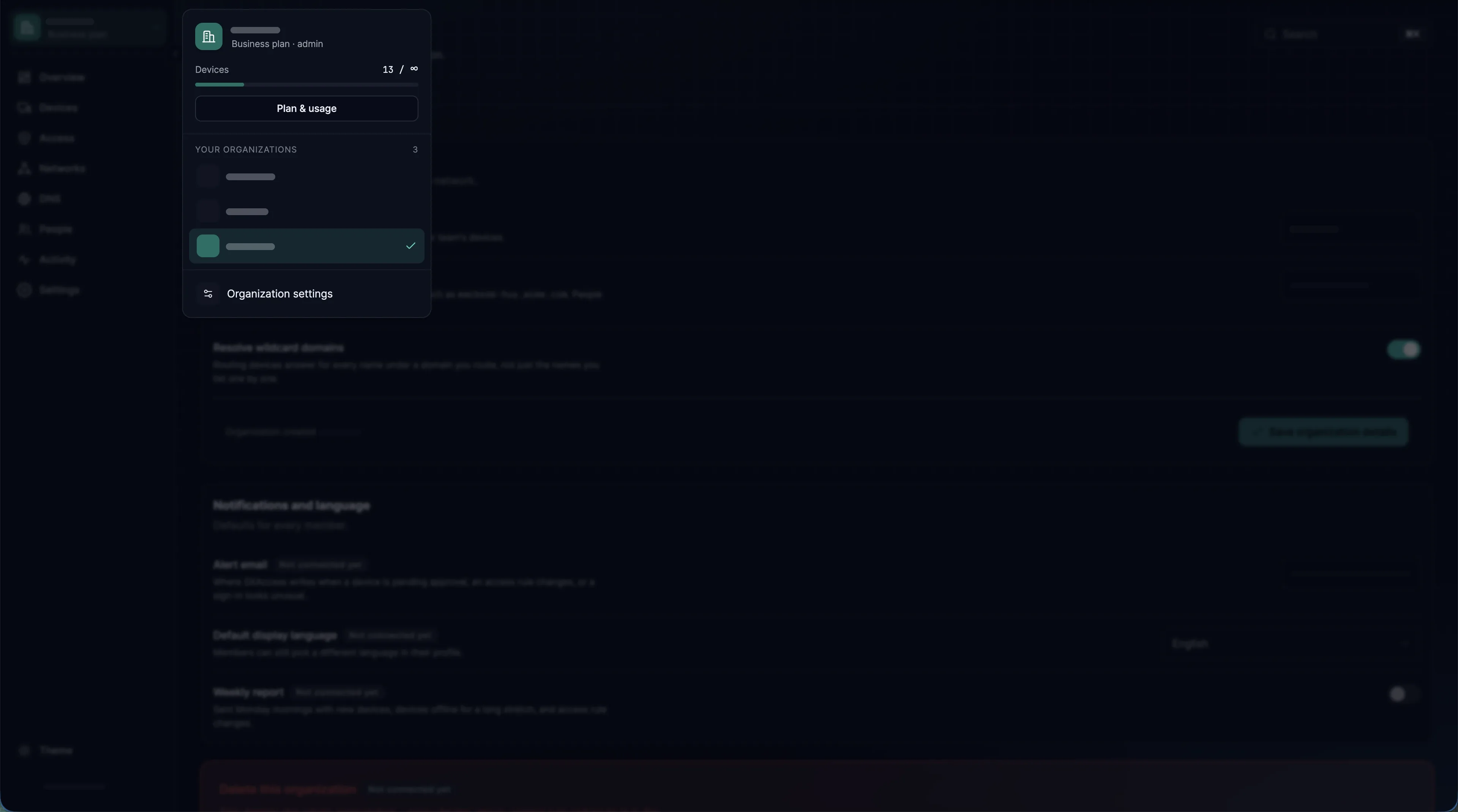 The organization menu open, listing three organizations with the current one ticked and Organization settings at the bottom.