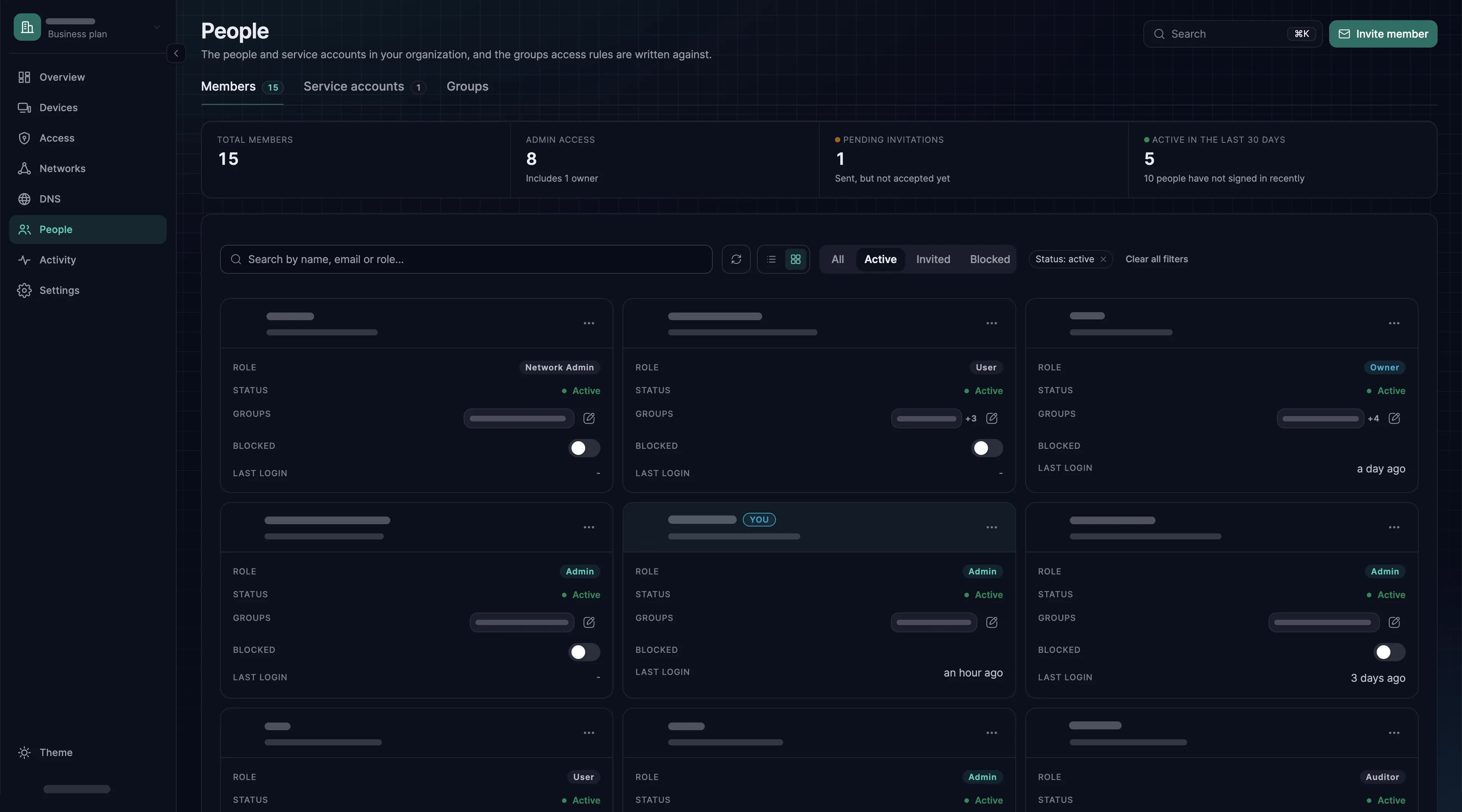 The People page with the Members, Service accounts and Groups tabs, showing each member with their role and status.