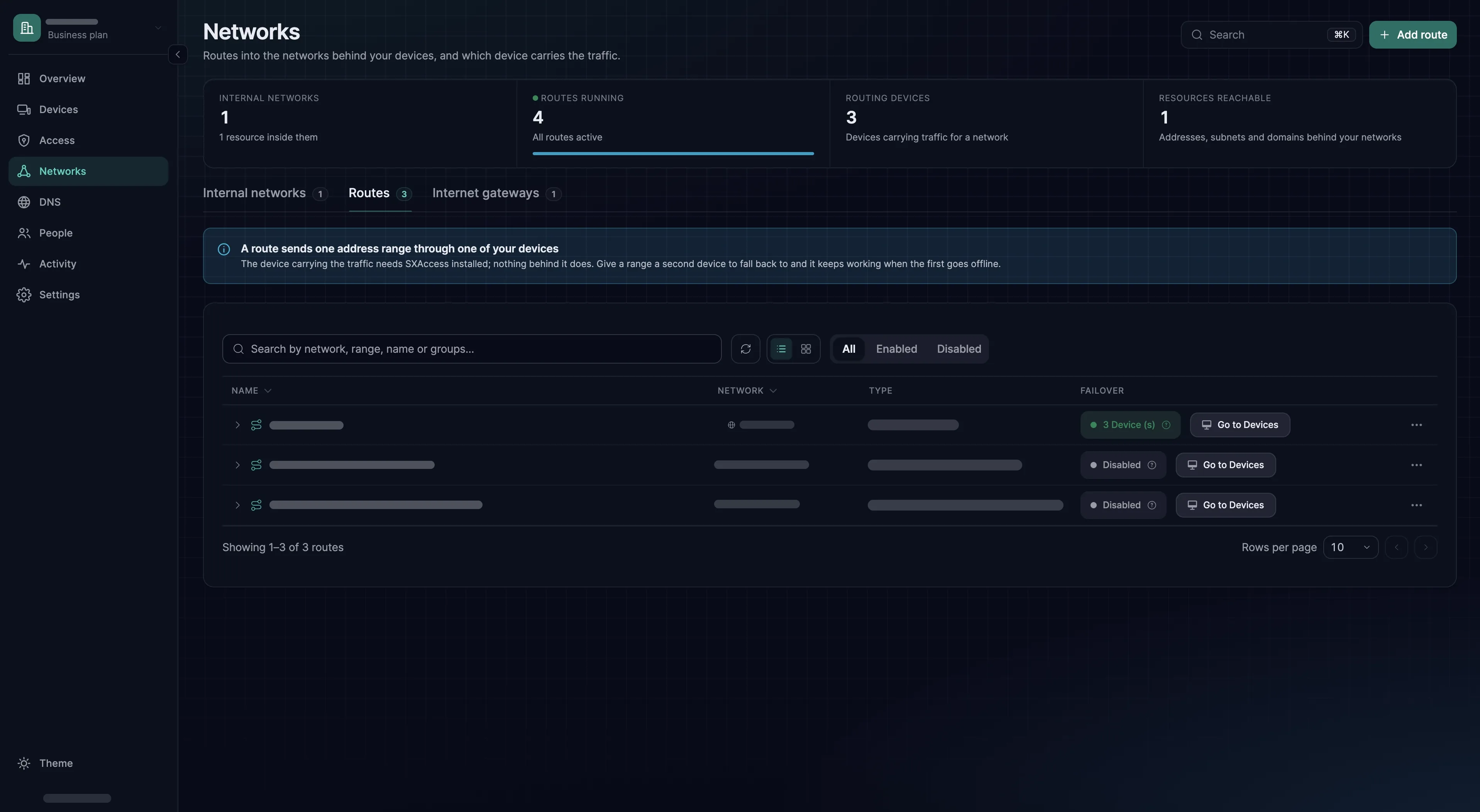 The Routes tab listing three routes with their networks, failover devices and enabled state.
