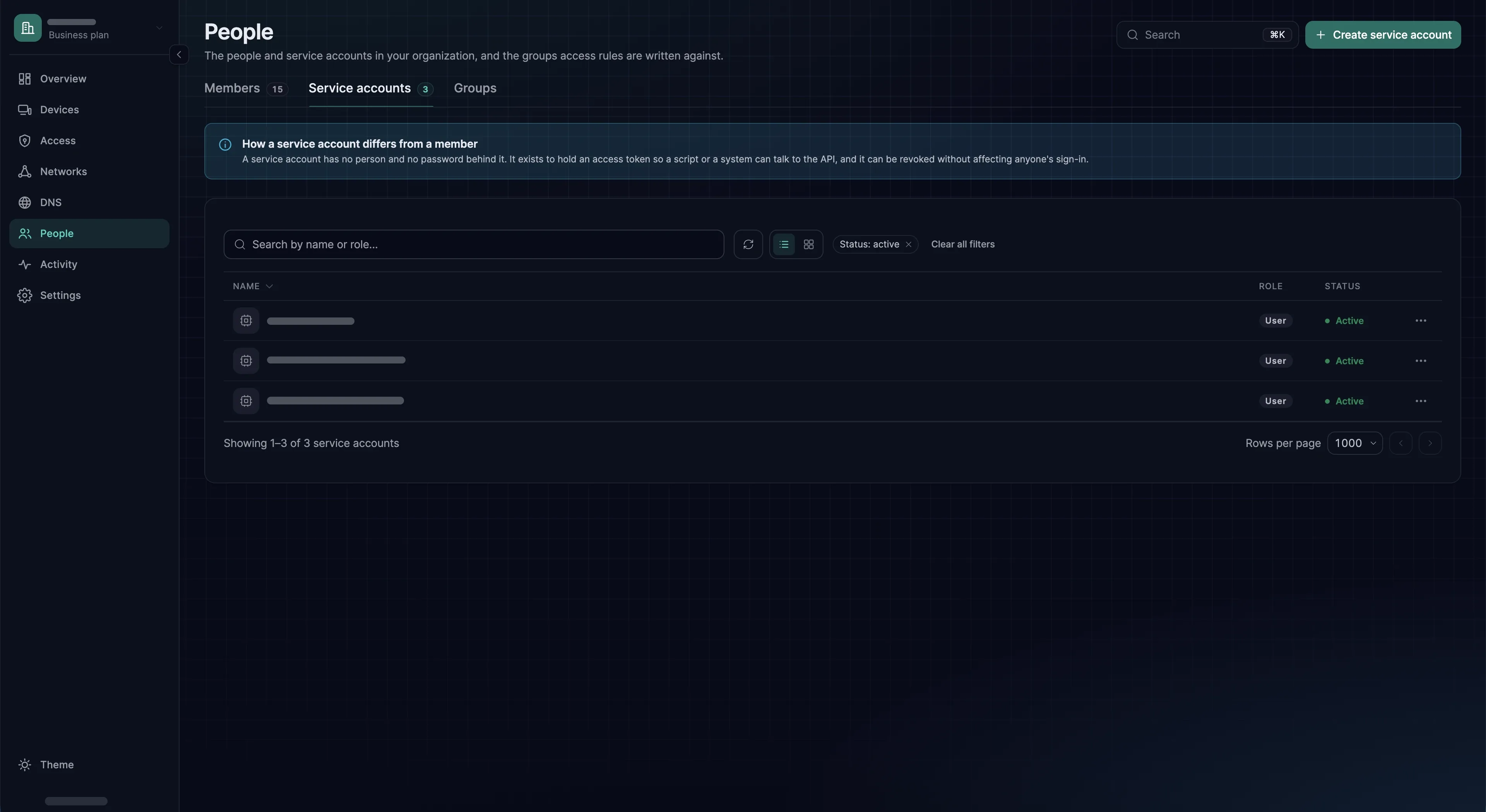 The Service accounts tab listing three accounts with the User role.