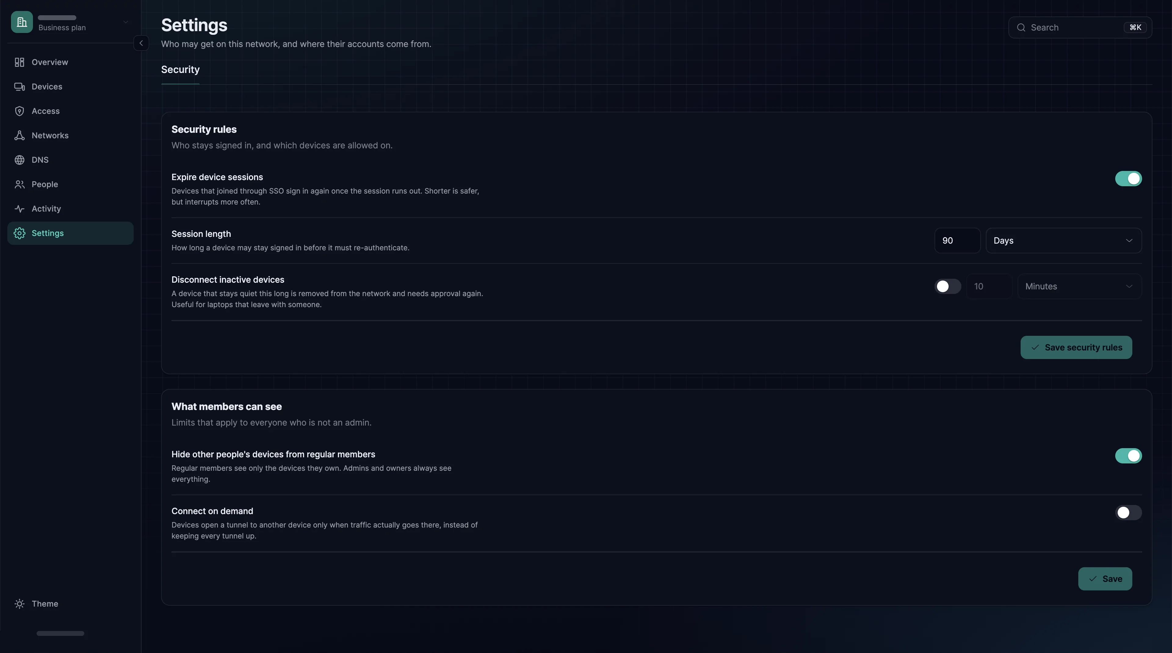 The Security tab of Settings, with the security rules on top and what members can see below.